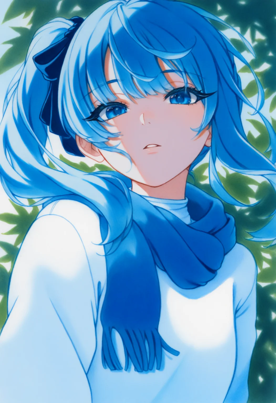 masterpiece, best quality, 1girl, solo, traditional media, (realistic:0.5), watercolor /(medium/), H0sh1mach1Su1se1, blue eyes, blue hair, side ponytail, blue hair ribbon, blue scarf, white sweater, parted lips, looking at the viewer, outdoors, summer, blue theme, windy, long eyelashes, leaves, <lora:ChamHoshimachiSuiseiNoob:1>