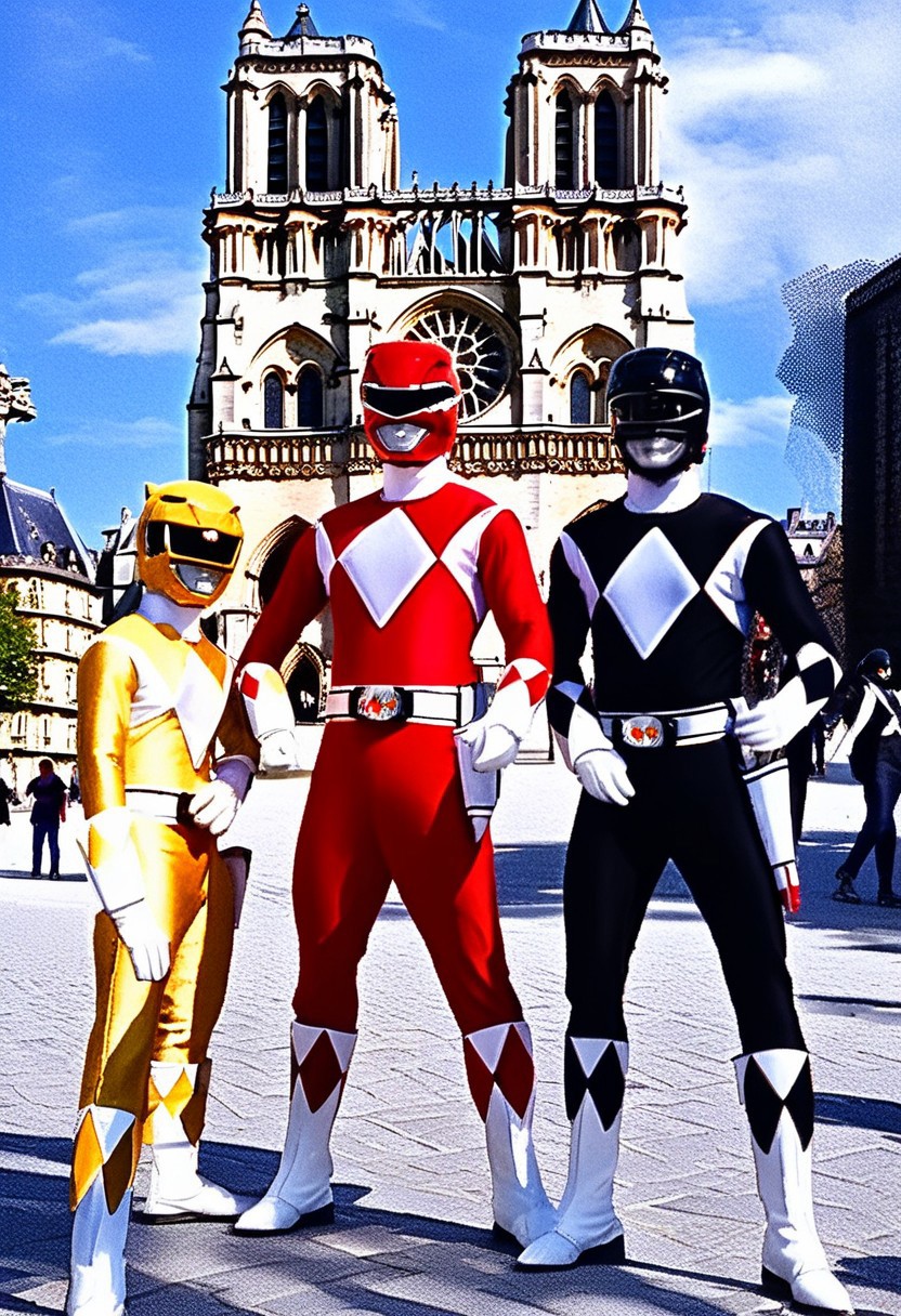 female yellow power ranger, morphed, helmet, uniform, white gloves belt, holstered weapon, in front of Notre-Dame in Paris, sunny summer day, hyperdetailed photography, with red power ranger Jason, with black power ranger Zack