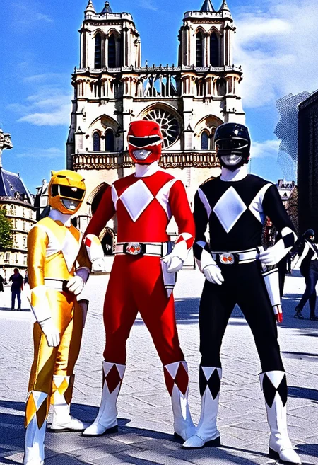 female yellow power ranger, morphed, helmet, uniform, white gloves belt, holstered weapon, in front of Notre-Dame in Paris, sunny summer day, hyperdetailed photography, with red power ranger Jason, with black power ranger Zack