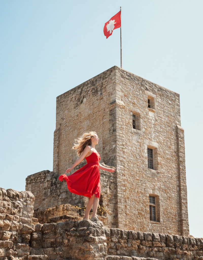 <lora:YCO_flux_F1b:1> yco_flux, castle, on top of a tower, 1girl, flying red dress, hair in the wind, photo, summer day, sea,