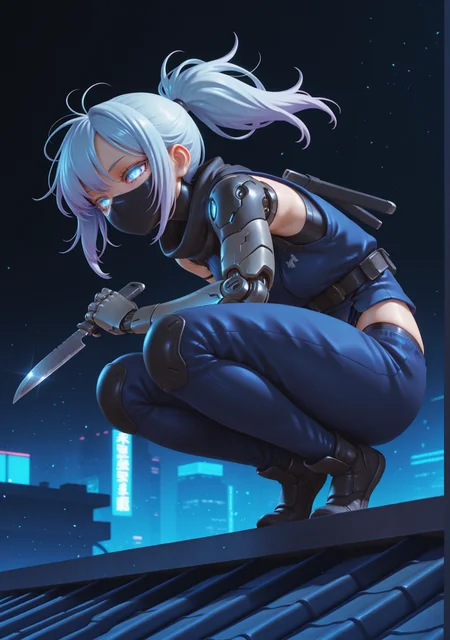 masterpiece,best quality,amazing quality,
<lora:half3dstyle:1>,half3dstyle,upper body,cyberpunk,ninja,squatting,on roof,holding knife,dynamic pose,ponytail,running,mechanical arm,glowing eyes,light particles,glowing,blue theme,
