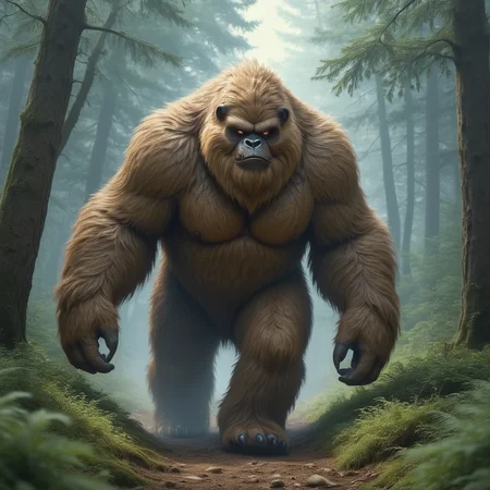 y371 attacking, brown fur, walking through forest <lora:YetiXL:.9>, (masterpiece, intricate:1.3)