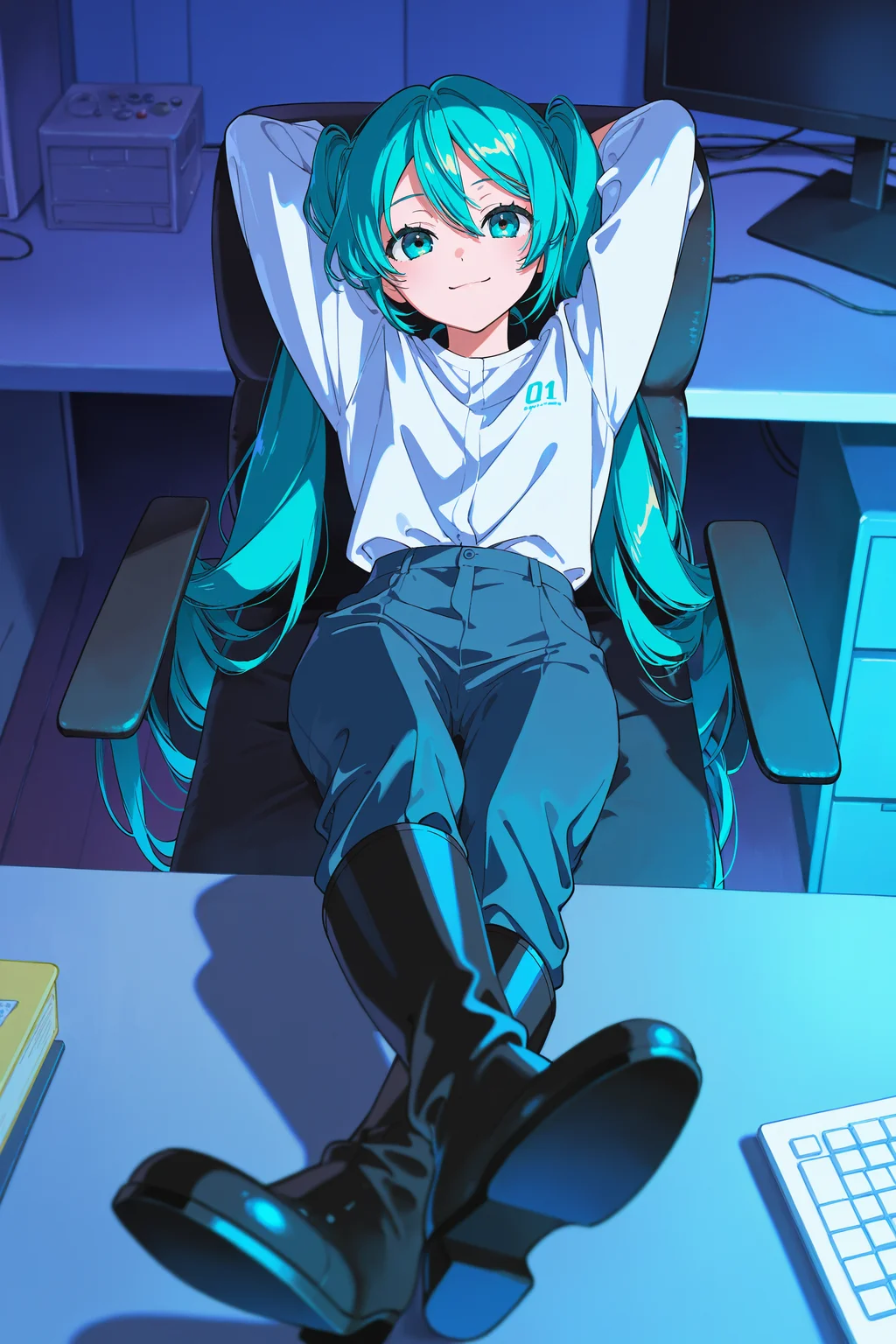 masterpiece, best quality, absurdres, safe
1girl, hatsune miku, sitting, outstretched legs, feet on table, crossed ankles, full body,
looking at viewer, on chair, foreshortening, knee boots, arms behind head, [from above, ::0.15]
smile, arm support, office chair, [blue theme, ::0.05] monitor, pants, black chair, white shirt, 
yoneyama mai,
<lora:outstretched_legs_il_2_v2_final:1>