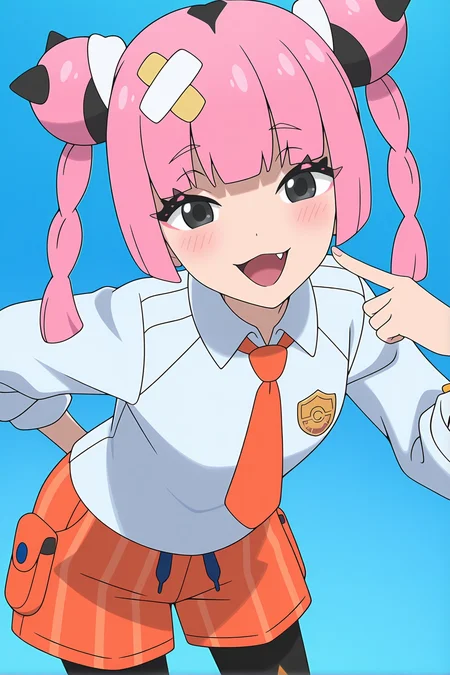 anime screencap, pokemon, pokemon horizons, coralmv, 1girl, solo, long hair, looking at viewer, blush, smile, open mouth, simple background, shirt, twintails, school uniform, white shirt, pink hair, braid, pantyhose, cowboy shot, necktie, shorts, collared shirt, fang, hand up, blunt bangs, striped clothes, hair bun, black eyes, twin braids, black pantyhose, grey eyes, eyelashes, hand on own hip, double bun, leaning forward, blue background, pointing, index finger raised, arm behind back, pocket, vertical-striped clothes, pantyhose under shorts, pointing at self, orange necktie, orange shorts, striped shorts, naranja academy school uniform, vertical-striped shorts, hair bow, coral \(pokemon\)
<lora:Coral_2outf:1>