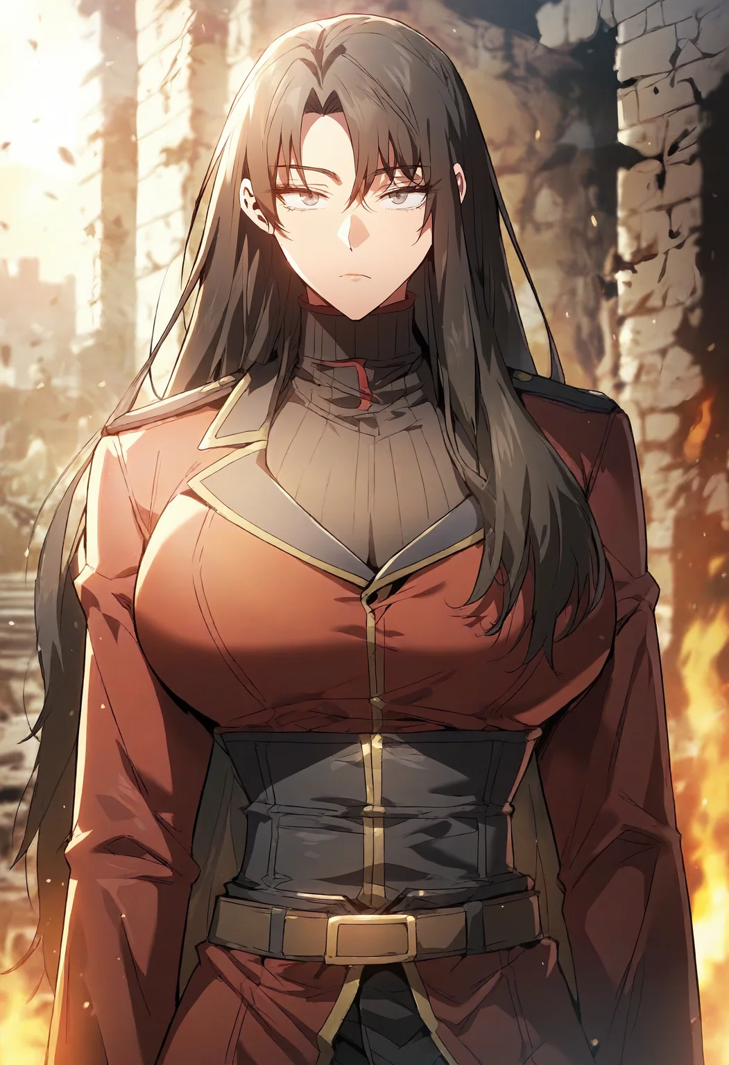 score_9, score_8_up, score_7_up, score_6_up, source_anime, rating_explicit, 1girl, (solo:1.1), huge breasts,<lora:Adeshan Akalusia prefectPonyxl:0.9> long hair, black hair, brown hair, brown eyes, parted bangs, grey eyes, sidelocks, military uniform, red coat, red jacket, black shirt, turtleneck, long sleeves, black corset, brown belt, black pants, expressionless, ruins, fire, outdoors, looking at viewer, standing, close-up
