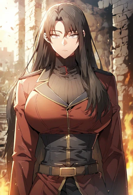 score_9, score_8_up, score_7_up, score_6_up, source_anime, rating_explicit, 1girl, (solo:1.1), huge breasts,<lora:Adeshan Akalusia prefectPonyxl:0.9> long hair, black hair, brown hair, brown eyes, parted bangs, grey eyes, sidelocks, military uniform, red coat, red jacket, black shirt, turtleneck, long sleeves, black corset, brown belt, black pants, expressionless, ruins, fire, outdoors, looking at viewer, standing, close-up