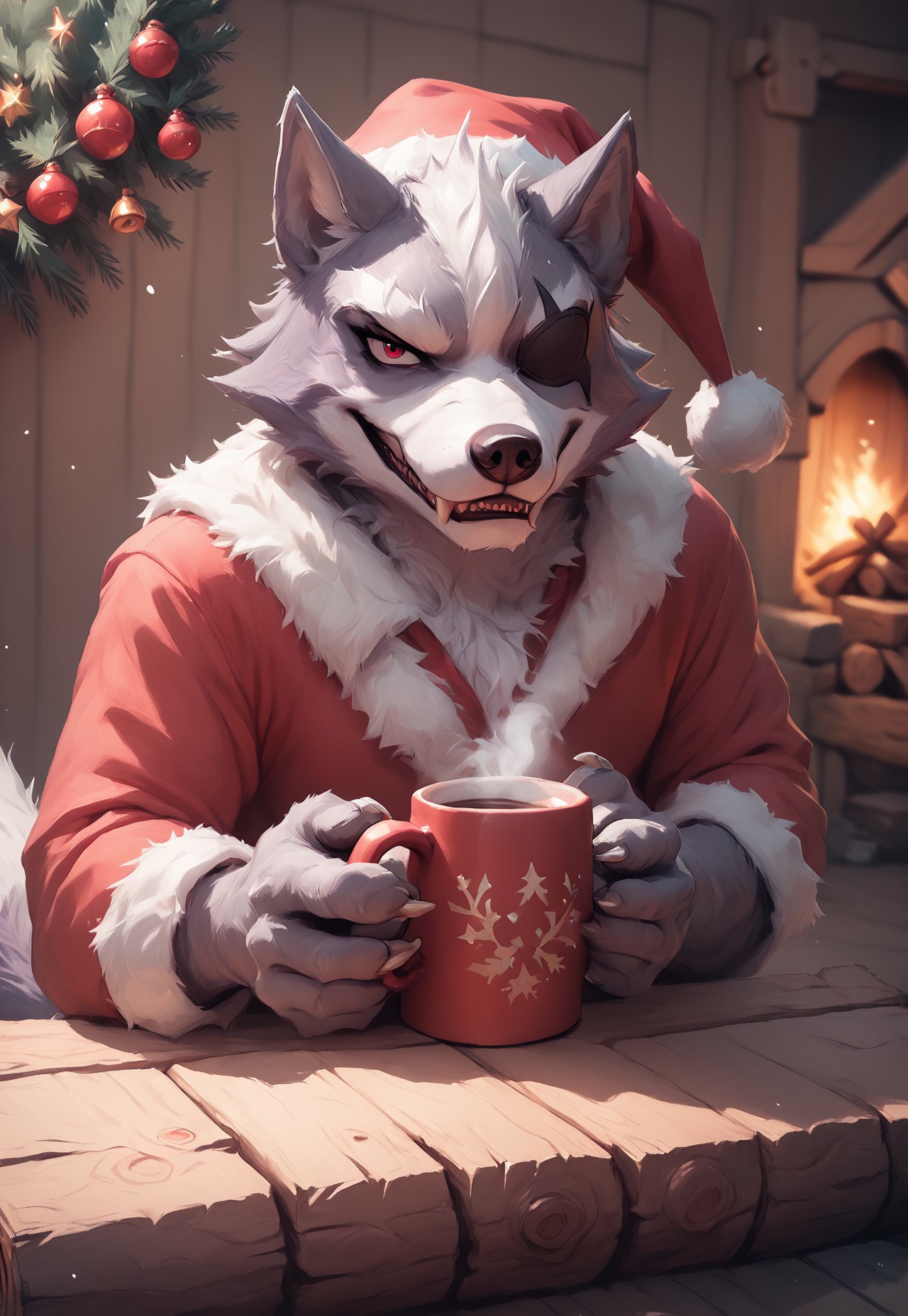 safe_pos, kftenhance, FF Christmas Painting Style, score_9, score_8_up, score_7_up, score_6_up, score_5_up, score_4_up, source_furry, 1boy, furry, anthro, male, solo, grey fur, Wolf O'Donnell, Red Eye, Right Eyepatch, santa outfit, santa hat, paws, tail, sharp fangs, sexy pose, looking at viewer, smile, holding coffee mug, log cabin interior