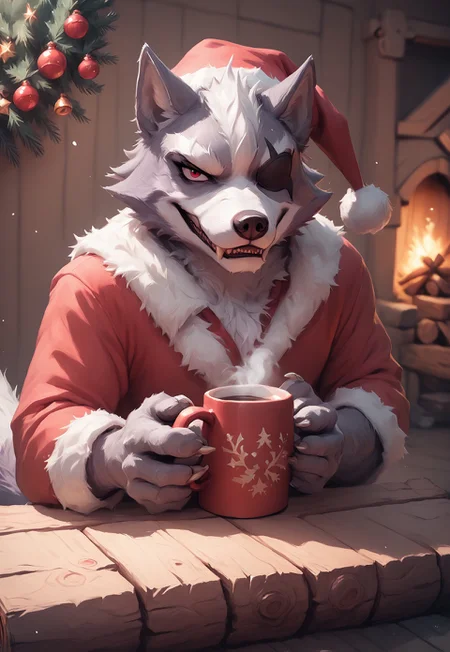 safe_pos, kftenhance, FF Christmas Painting Style, score_9, score_8_up, score_7_up, score_6_up, score_5_up, score_4_up, source_furry, 1boy, furry, anthro, male, solo, grey fur, Wolf O'Donnell, Red Eye, Right Eyepatch, santa outfit, santa hat, paws, tail, sharp fangs, sexy pose, looking at viewer, smile, holding coffee mug, log cabin interior