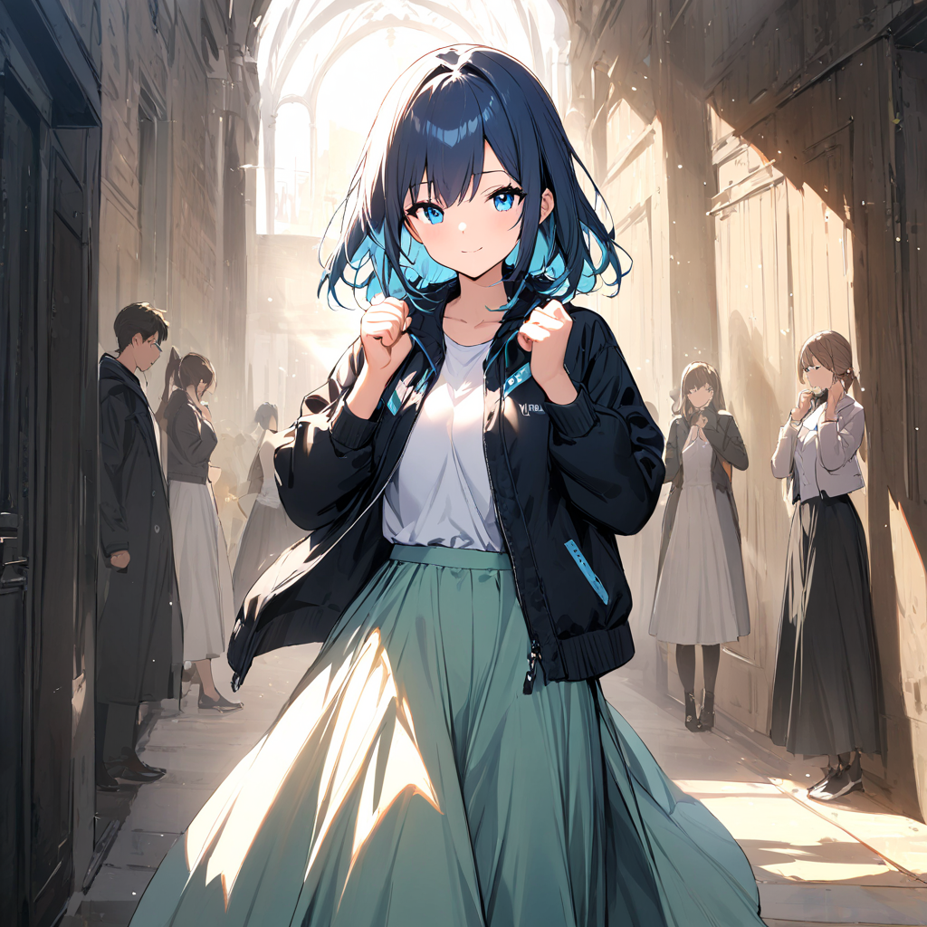 masterpiece, best quality, 1girl, light smile, confident, blue eyes, sunlight, standing, jacket, hands up, clenched hands, long skirt,