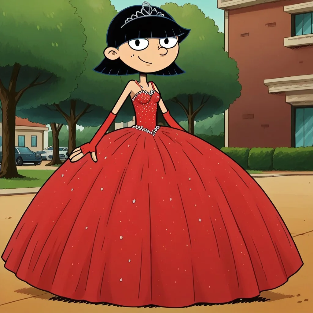 score_9_up,score_8_up,score_7_up,score_6_up,score_5_up,score_4_up BREAK rhonda,black hair, black eyes, bob cut, blunt bangs, Very large red floor length gown, ball gown, rhimestones. She is also wearing a tiara, hoop skirt, dome shape skirt, quinceanera, prom, pageant, long elbow length red fingerless Satin bridal gloves, contrapposto, hand on own hip, park, tree, building,smile,arm at side, leaning to the side, dutch angle, looking at viewer, <lora:RhondaPony:1>