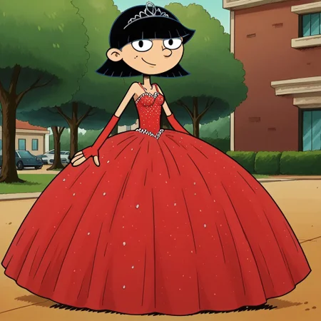 score_9_up,score_8_up,score_7_up,score_6_up,score_5_up,score_4_up BREAK rhonda,black hair, black eyes, bob cut, blunt bangs, Very large red floor length gown, ball gown, rhimestones. She is also wearing a tiara, hoop skirt, dome shape skirt, quinceanera, prom, pageant, long elbow length red fingerless Satin bridal gloves, contrapposto, hand on own hip, park, tree, building,smile,arm at side, leaning to the side, dutch angle, looking at viewer, <lora:RhondaPony:1>