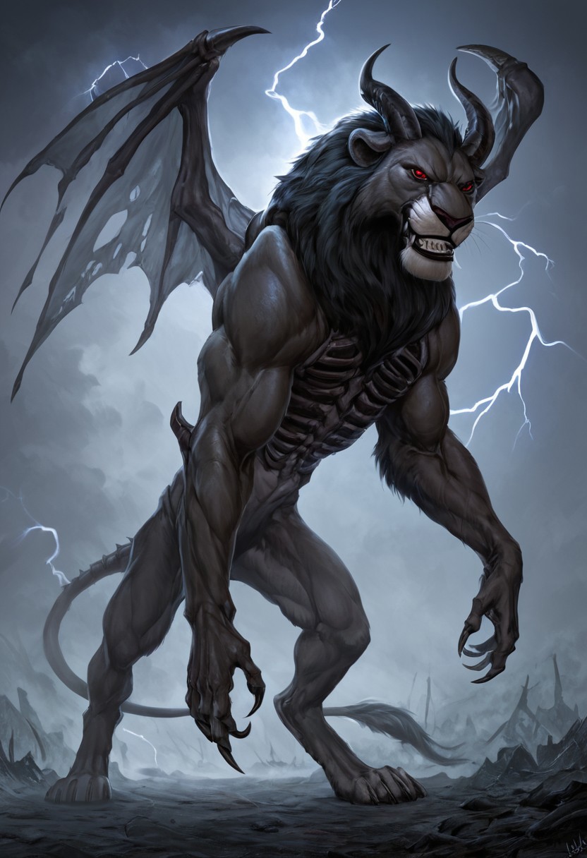 black lion Fenrir, barbarian leather armour, barbarian feral lion, male barbarian, perfect eyes, muscular hunk, webbed wings, steel claws, horns, red eyes, angry, anger, webbed wings, steel claws, horns, (((lion king head))), (((solo))), demonic, necromancy, xenomorphic skin, xenomorphic toes, focus, red eyes, demonic angry, anger, realistic illustration, detail, apocalyptic background, lightning, darkened sky. bare pectorals, thigh high greaves, confident smile showing teeth,  solo, dorito shaped torso, broad shoulders, big pectorals, slim waist, Big muscular body,  big chest, muscle growth, , score_9, score_8_up, score_7_up, intricate detail, best quality,  (cool lighting), realistic, very realistic, photo realistic, vibrant, crisp, sharp details, Highly detailed, ultra-detailed, extremely detailed, detailed background, apocalyptic 
 fantasy city background, masterpiece, best quality, high quality, highres, dramatic (neon lighting), shadowed, night-time,