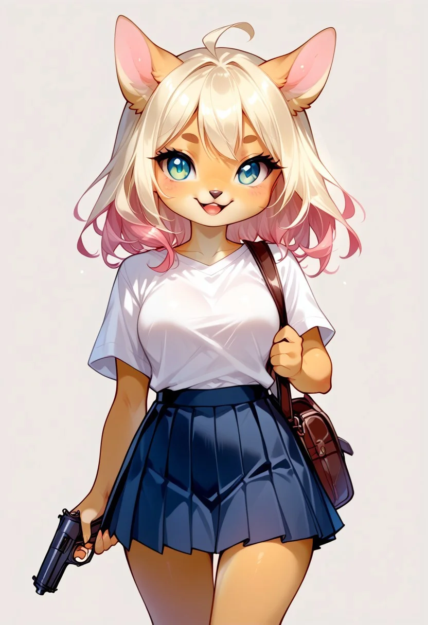 score_9, score_8_up, score_7_up, source_cartoon, solo, cute chibi necoarc, female, white shirt, pleated skirt, handgun, anthropomorphic, (cartoon art style:1.2)