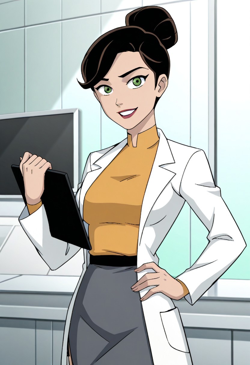 score_9,score_8_up,score_7_up,score_6_up,best quality,masterpiece, 1girl, solo, background research lab,
BREAK
rebholid, dark brown hair, green eyes, single hair bun, looking at viewer, smile, red lips, parted lips, teeth, yellow shirt, labcoat, grey skirt, one hand on hip, holding clipboard, medium breasts,