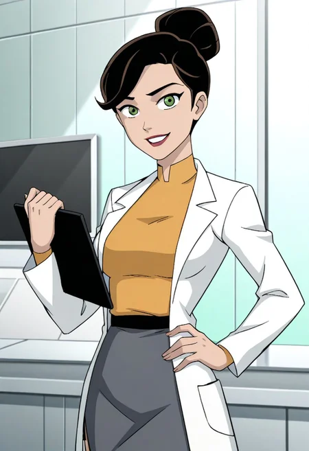 score_9,score_8_up,score_7_up,score_6_up,best quality,masterpiece, 1girl, solo, background research lab,
BREAK
rebholid, dark brown hair, green eyes, single hair bun, looking at viewer, smile, red lips, parted lips, teeth, yellow shirt, labcoat, grey skirt, one hand on hip, holding clipboard, medium breasts,