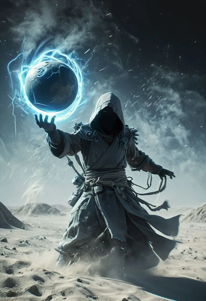 Capture the essence of a weathered, worn-out cyborg ninja amidst a swirling dust and electricity storm. Bent forward, obscured beneath a large, round sedge hat, their face barely visible. With arms outstretched, each hand holds a hovering, semi-molten translucent blueish-turqoise orb. Against the backdrop of the moon, they stand in a desolate, bleached white sand desert.. spelling to ring like Pokemon Ball in each hand, casting two Pokemon Balls, deep blacks, high contrast,
very detailed, atmospheric haze, Film grain, cinematic film still, shallow depth of field, highly detailed, high budget, cinemascope, moody, epic, OverallDetail, gorgeous, 2000s vintage RAW photo, photorealistic, candid camera, color graded cinematic, eye catchlights, atmospheric lighting, skin pores, imperfections, natural, shallow dof