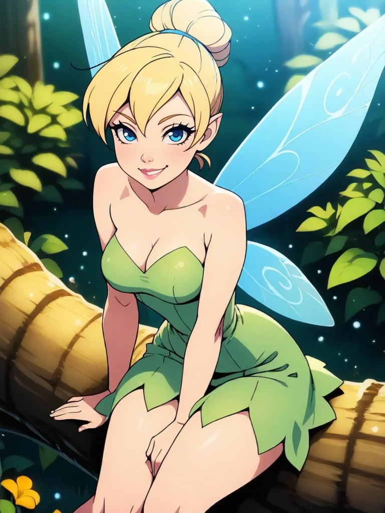 highres, hi res, best quality, masterpiece, intricate details, absurdres, 4k, (anime screencap, flat color:1.1),
1girl, sitting on a tree, in a forest around multiple flowers, magic particles, leaning forward, cute pose, medium breasts, narrow waist, wide hips, thick thighs, cinematic, naughty face, smile, looking at viewer, cute, detailed landscape, cowboy shot, from above,
<lora:TinkerExtra_character:0.8>,TinkerWaifu, fairy wings, blonde hair, blue eyes, green dress, sexy, single hair bun, strapless,