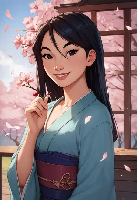 PonyXLV6_Scores,source_anime,masterpiece,best quality, highly detailed, perfect anatomy,amazing quality,
BREAK
 <lora:mulan:0.8>mulan, 1girl, solo, black hair, long hair, black eyes, looking at viewer, outdoors, smile, lips, upper body, japanese clothes, hand up, flower, kimono, day, cherry blossoms,