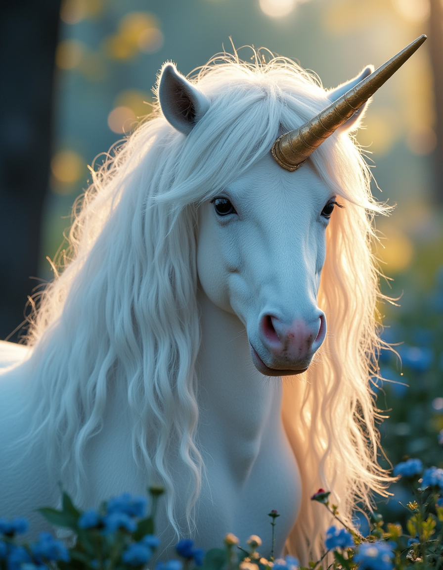 <lora:MW_Minis01flux:1> mwm01, cinematic, majestic, fantasy, T10, gold, blue, bokeh, photo of a cute fairytale unicorn. Ultra-detailed,
