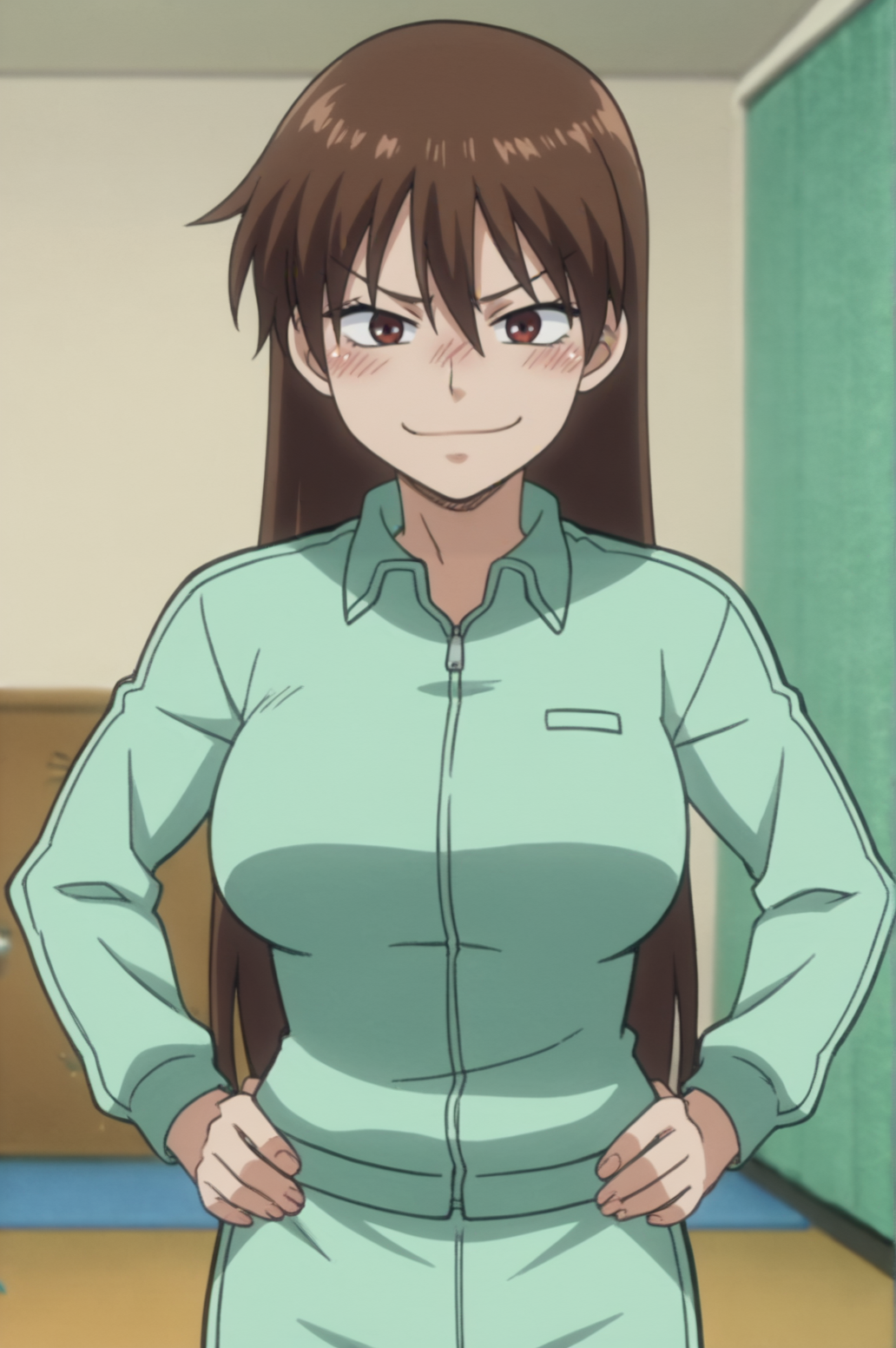 score_9, score_8_up, score_7_up,anime_source, source_anime, best background, detailed background, anime screencap,  Maria Momoe, training costume,smug, blush, dynamic camera, dynamic angle, indoors, hands on hips,  indoors, <lora:JN_Maria_Momoe:0.8>