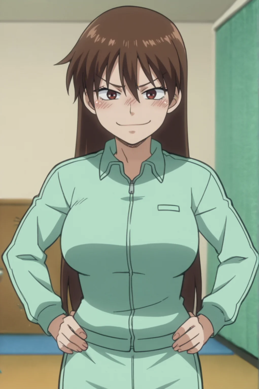 score_9, score_8_up, score_7_up,anime_source, source_anime, best background, detailed background, anime screencap, Maria Momoe, training costume,smug, blush, dynamic camera, dynamic angle, indoors, hands on hips, indoors, <lora:JN_Maria_Momoe:0.8>