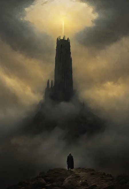 Impossibly tall black tower on the top of a mountain, tower extending through the clouds, a lone knight walks towards the tower from the viewer, sense of scale, landscape, gray stone, digital artwork by Beksinski, subtle colors, yellow and gold theme, tarnished gold, bright glittering gold, golden highlights, golden ring of light, gold halo, dark haze, grim, bleak, very dark lighting, epiCPhoto, very long yellow lightning,