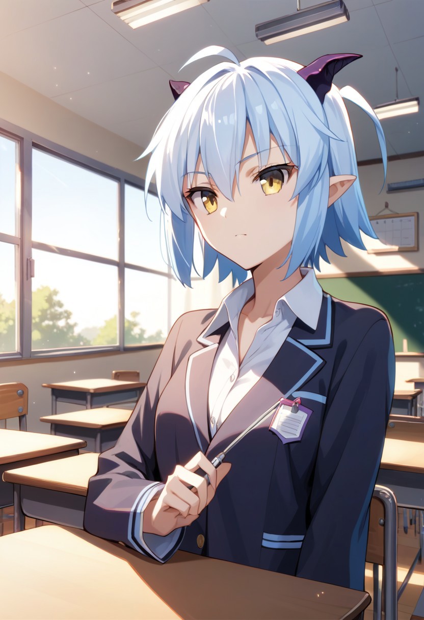 score_9,score_8_up,score_7_up,source_anime, Shiroyasha,horns,1girl,solo,student unifrom,student,classroom,