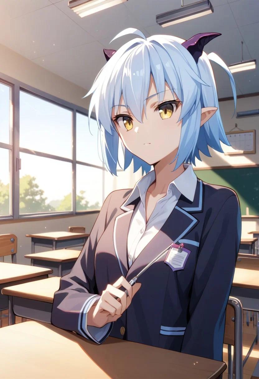 score_9,score_8_up,score_7_up,source_anime, Shiroyasha,horns,1girl,solo,student unifrom,student,classroom,