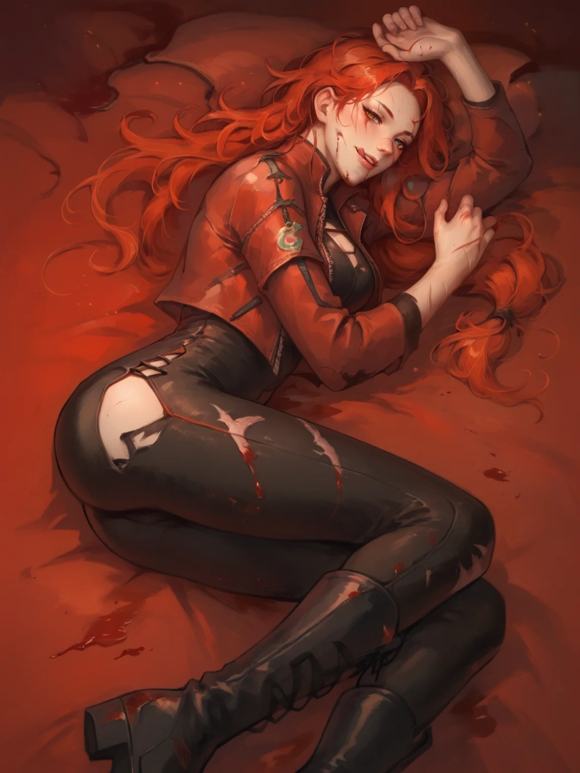 score_9, score_8_up, score_7_up, Gebura, 1woman, solo, red long hair, scars on face, heterochromia, black jumpsuit, shor red jacket, black boots, lying on bed, blood on body, licking lips, shy, loocks away, black night background, stars, side view, wodeipoi <lora:Gebura:1> <lora:wodeipoi:1>