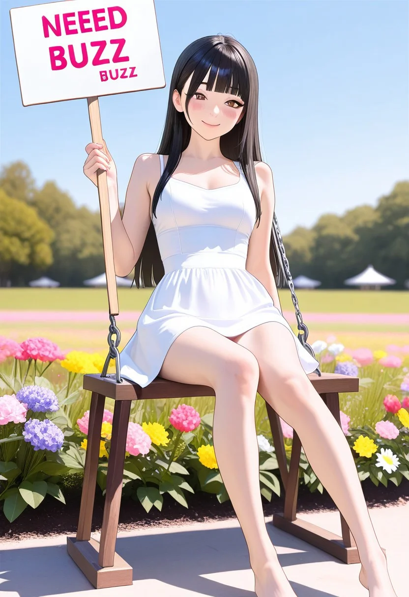 1girl, cute:2, (SmoothNoob_Quality), Smooth Quality, HDR, 3d render, realistic skin, realistic textures, detailed skin, masterpiece, best quality, absurdres, medium breasts, <lora:Smooth_Booster_v2:.5>, beautiful, thin body, skinny legs, skinny body, thin legs, thin waist, thin hips, fit torso, ((holding sign:4, "NEED BUZZ":2)), ultra-HD, cinematic lighting, photorealistic, high detail, depth of field, blurred background, 8k, half close-up, innocent pose, long black hair, straight hair, blunt bangs, brown eyes, blushing, asian girl, pretty girl, korean girl, ((smiling shyly, blushing)), happy, slim body, wearing a white sundress with floral patterns, barefoot, sitting on a garden swing, colorful flowers around