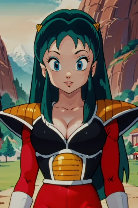 score_9, score_8_up, score_7_up, score_6_up, lum, anime screencap, black saiyanarmor, shoulder pads, red bodysuit, white gloves, parted lips, large breasts, cleavage, mountain, outdoors, upper body, smile, looking at viewer,
<lora:Lum_Invader_Pierrot_Style:1> <lora:SaiyanArmorPony:0.8>