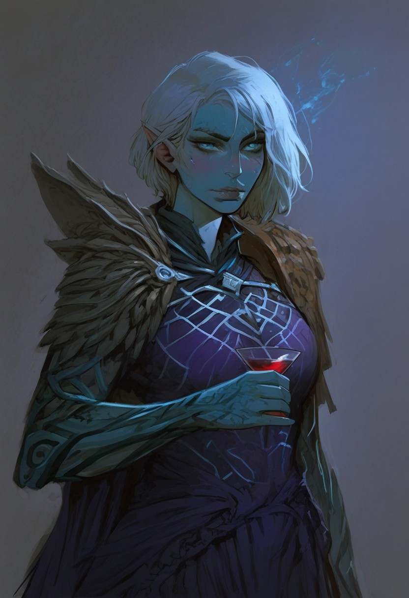 score_9, score_8_up, score_7_up, BREAK,
1boy, portrait, beautiful, drow wizard, dark elf, white hair, (Bob cut:1.3), side bangs, Pale white skin, pale blue skin, Mage, black lipstick, black eyeliner, turquoise eyes, purple spidersilk armor, spiderweb silver motif, silver ankh necklace, glowing eyes, holding a glass of red wine, platinum rapier at right hip, knapsack tied to left hip, full body, effeminate male, feminine, kind eyes, gentle face, loving smile, pouty lips, (smug:0.85), dramatic lights, regretful look, shameful look, contemplative look
<lora:Fant5yP0ny:0.6> <lora:fantasy_world_pony:0.9> <lora:Cherry-Gig:0.55>,