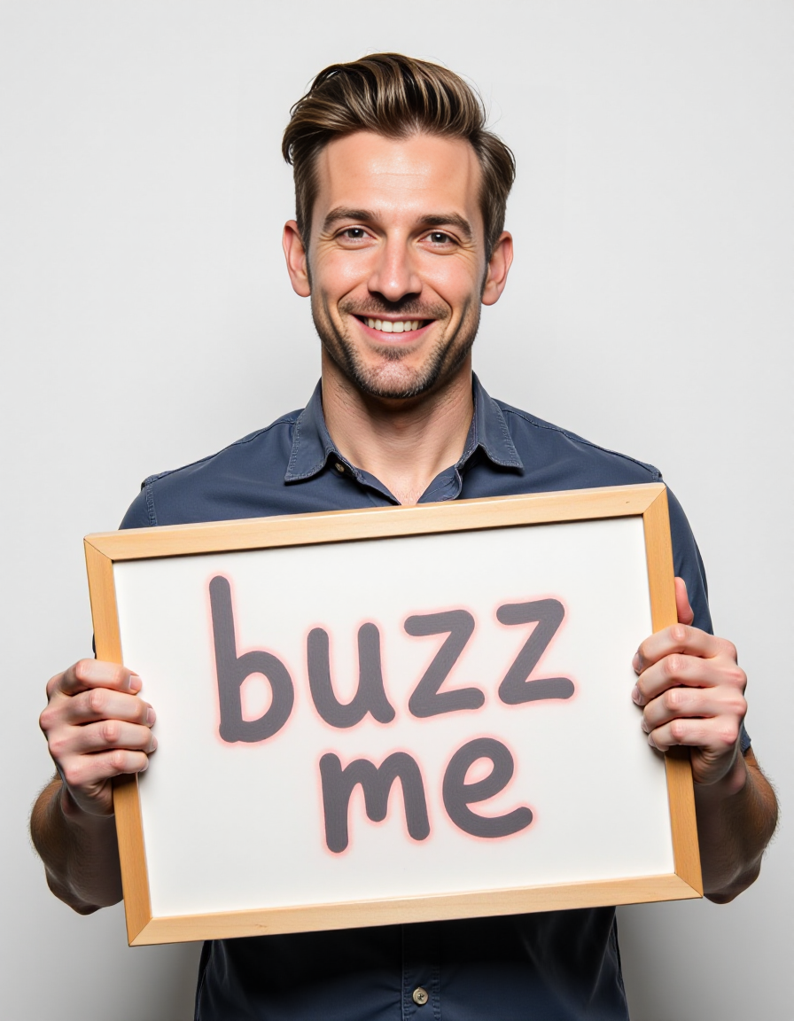 <lora:TextimproverV0.4:1> handsome man holding sign it says "buzz me"