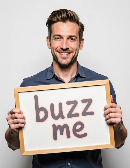 <lora:TextimproverV0.4:1> handsome man holding sign it says "buzz me"