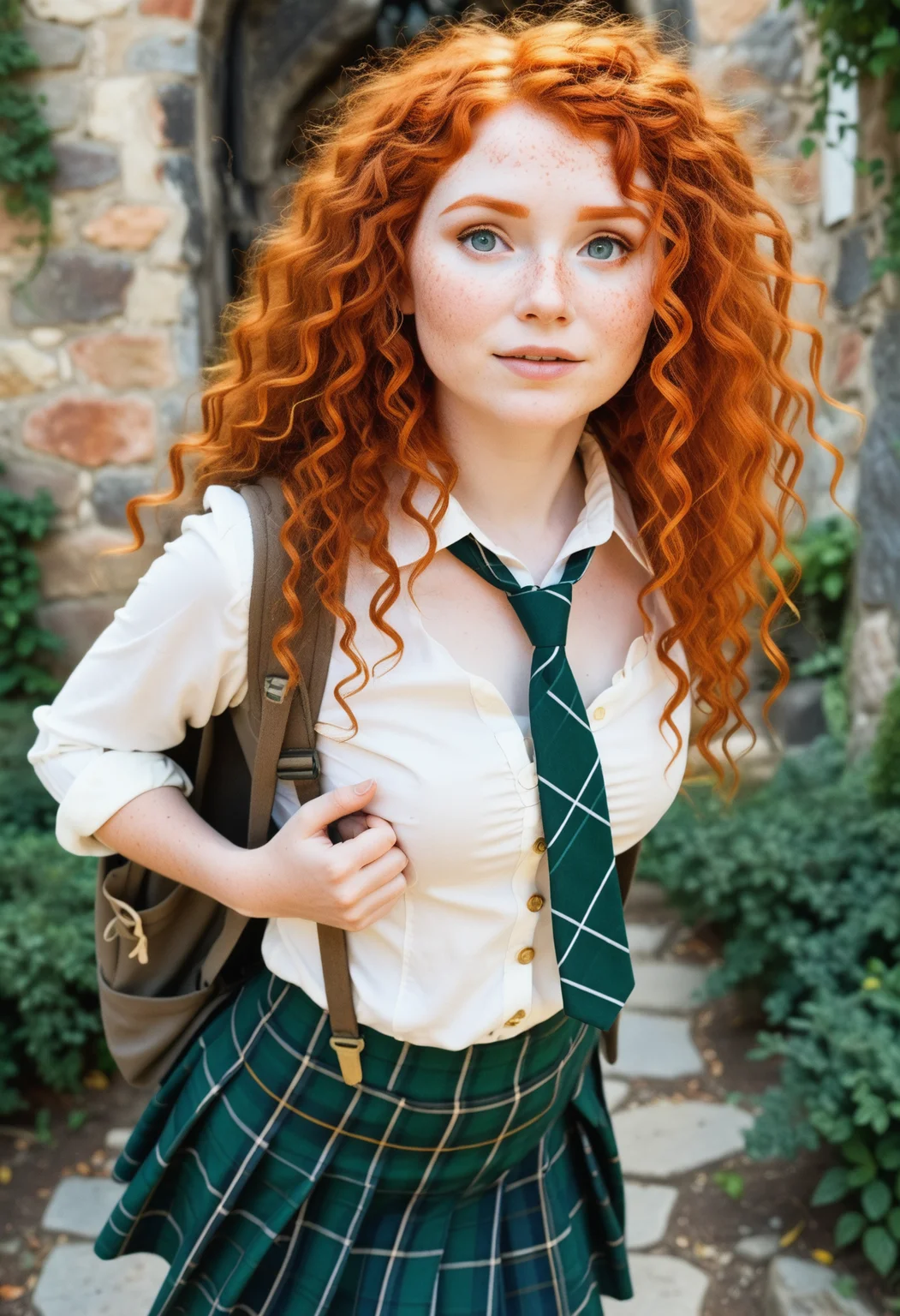 MeridaXLP,freckles,((cleavage)), wavy hair , A high resolution professional cosplay photograph of Merida, the fiery-haired Disney princess from Brave, dressed in a modern schoolgirl outfit. She has her signature wild, curly red hair cascading down her shoulders, with a few strands playfully framing her freckled face. Her emerald green eyes shine with mischief and determination. She wears a stylish school uniform consisting of a white button-up shirt, a plaid skirt in shades of green and navy, a fitted blazer with gold buttons, knee-high socks, and polished black shoes. A loosely tied tie hangs around her neck, giving her a rebellious yet charming look. She stands confidently, perhaps adjusting her backpack strap or holding a book, with a smirk that hints at her adventurous spirit. The background is softly blurred, depicting a grand old-school building with stone walls and ivy creeping up the sides, adding to the academic yet whimsical atmosphere.