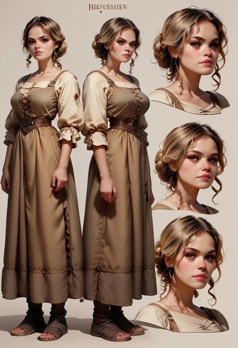 score_9, score_8_up, score_7_up, score_6_up, dynamic character design, 1girl, female focus, Guin, medieval peasant, random pose, multiple views, random views, concept art, simple background