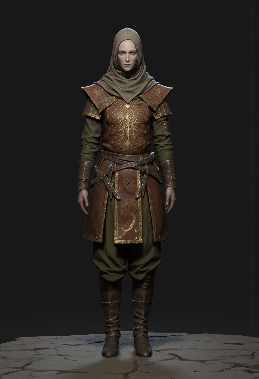 Bandit dressed in a medieval fantasy  Adventurer Set 
 wearing distinctive layered armor. The character has a sturdy leather breastplate decorated with an eye-catching dragon skin pattern in copper or bronze tones. Their outfit consists of olive green padded clothing underneath, with short pants and wrapped arm guards. A light head wrapping and simple circlet protect their head, while practical leather boots complete the outfit. The armor design suggests a blend of protection and mobility, suited for traversing rough terrain. The color palette harmonizes earthy tones - browns, greens, and copper. The overall style appears influenced by fantasy RPG character design, with a practical adventurer's aesthetic that balances form and function.
 Their face is obscured by shadows.
Standing on a flat gray ground  and black background, the camera angle is high rotated at a 45 degree angle
Set against a solid dark black color background to emphasize its unnatural form that emphasizes its silhouette. The medium is not a traditional painting or illustrative medium like watercolor or ink but rather a digital 3D rendering.
MikeFranchinastyle, bbstyle,, horror theme,, ZBClay model of a gray sculpture, zbrush, d4arks0uls, overcast lighting, jedioutfit