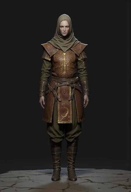 Bandit dressed in a medieval fantasy  Adventurer Set 
 wearing distinctive layered armor. The character has a sturdy leather breastplate decorated with an eye-catching dragon skin pattern in copper or bronze tones. Their outfit consists of olive green padded clothing underneath, with short pants and wrapped arm guards. A light head wrapping and simple circlet protect their head, while practical leather boots complete the outfit. The armor design suggests a blend of protection and mobility, suited for traversing rough terrain. The color palette harmonizes earthy tones - browns, greens, and copper. The overall style appears influenced by fantasy RPG character design, with a practical adventurer's aesthetic that balances form and function.
 Their face is obscured by shadows.
Standing on a flat gray ground  and black background, the camera angle is high rotated at a 45 degree angle
Set against a solid dark black color background to emphasize its unnatural form that emphasizes its silhouette. The medium is not a traditional painting or illustrative medium like watercolor or ink but rather a digital 3D rendering.
MikeFranchinastyle, bbstyle,, horror theme,, ZBClay model of a gray sculpture, zbrush, d4arks0uls, overcast lighting, jedioutfit