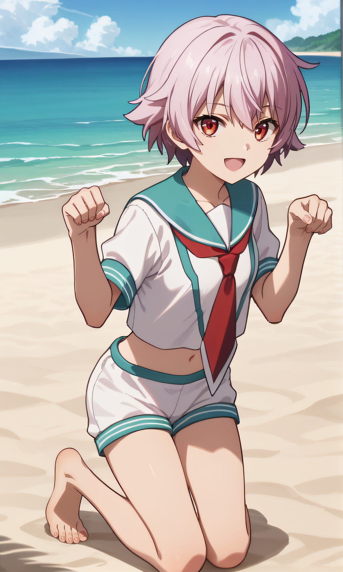 score_9, score_8_up, score_7_up, source_anime, rating_safe, intricate details, anime screencap, official style, anime coloring, 1girl, solo, <lora:Tama:1>, tama, short hair, red eyes, serafuku, navel, short sleeves, white shorts, looking at viewer, smile, indoor, full body, kneeling, barefeet, outdoor, beach, sand, open mouth, paw pose, from side, from below, five toes