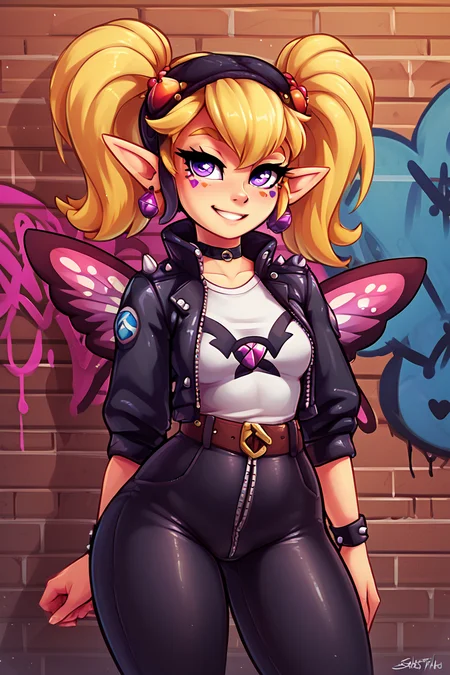 score_9, score_8_up, score_8, medium breasts, (curvy), cute, eyelashes, BREAK, , <lora:Agitha_Zelda_PDXL:0.8>, zzAgitha, purple eyes, blonde hair, twintails, pointy ears, butterfly wings, , BREAK, smile, looking at viewer, leather jacket, leather pants, black jacket, tight pants, black choker, zipper, biker clothes, spikes, multiple belts, shiny clothes, high collar, (graffiti:1.2), brick wall, cowboy shot, embedding:zPDXL, Expressiveh, <lora:theOtherHalfPDXL:0.8>, <lora:CatalystStylePDXL:0.6>, <lora:SDXLFaeTastic2400:0.5>, <lora:Expressive_H-000001:0.4>,