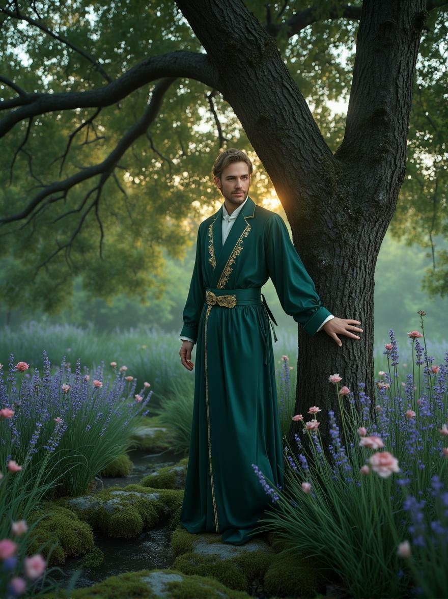<lora:Refined_Beauty_v1_style.safetensors:1> RefinedBeauty_DA
In the gentle light of a midsummer evening, a tranquil garden comes to life. The figure, no longer shrouded in mystery, stands beneath an ancient oak tree, its branches heavy with the weight of time. Dressed in a soft, flowing robe of deep emerald, the man, perhaps in his late forties, exudes an air of serene contentment. His attire, though not the traditional Victorian garb, carries the grace and elegance of a bygone era. The robe is adorned with delicate gold embroidery, which catches the fading sunlight, casting a gentle, warm glow around him.
The man’s face, previously marked by the ghostly highlights, now bears a peaceful expression. His eyes, a deep hazel, reflect the tranquility of the setting, and his lips are curved in a subtle, contented smile. The soft, neon-like highlights that once gave him an otherworldly charm have transformed into a gentle, ethereal light, as if the very air around him is infused with a sense of calm.
Around him, the garden is a tapestry of serene beauty. Flowers of soft pastels—pinks, lavenders, and pale blues—sway gently in the light breeze. The air is filled with the sweet scent of lavender and roses, and the sound of a gentle stream can be heard in the distance, adding to the overall sense of peace. The ground is covered with a lush, green carpet of moss, dotted with small, delicate wildflowers.
The figure stands still, his hands resting gently on the bark of the oak tree, as if in a meditative state. The intricate shading that once added tension to the scene has softened, creating a harmonious blend of light and shadow. The atmosphere is one of complete relaxation, where every element contributes to a sense of ease and contentment. The transformation from a mysterious, ghostly figure to a serene, tranquil presence enhances the overall appeal and mood of the image, inviting the viewer to linger and find their own sense of peace within the scene.