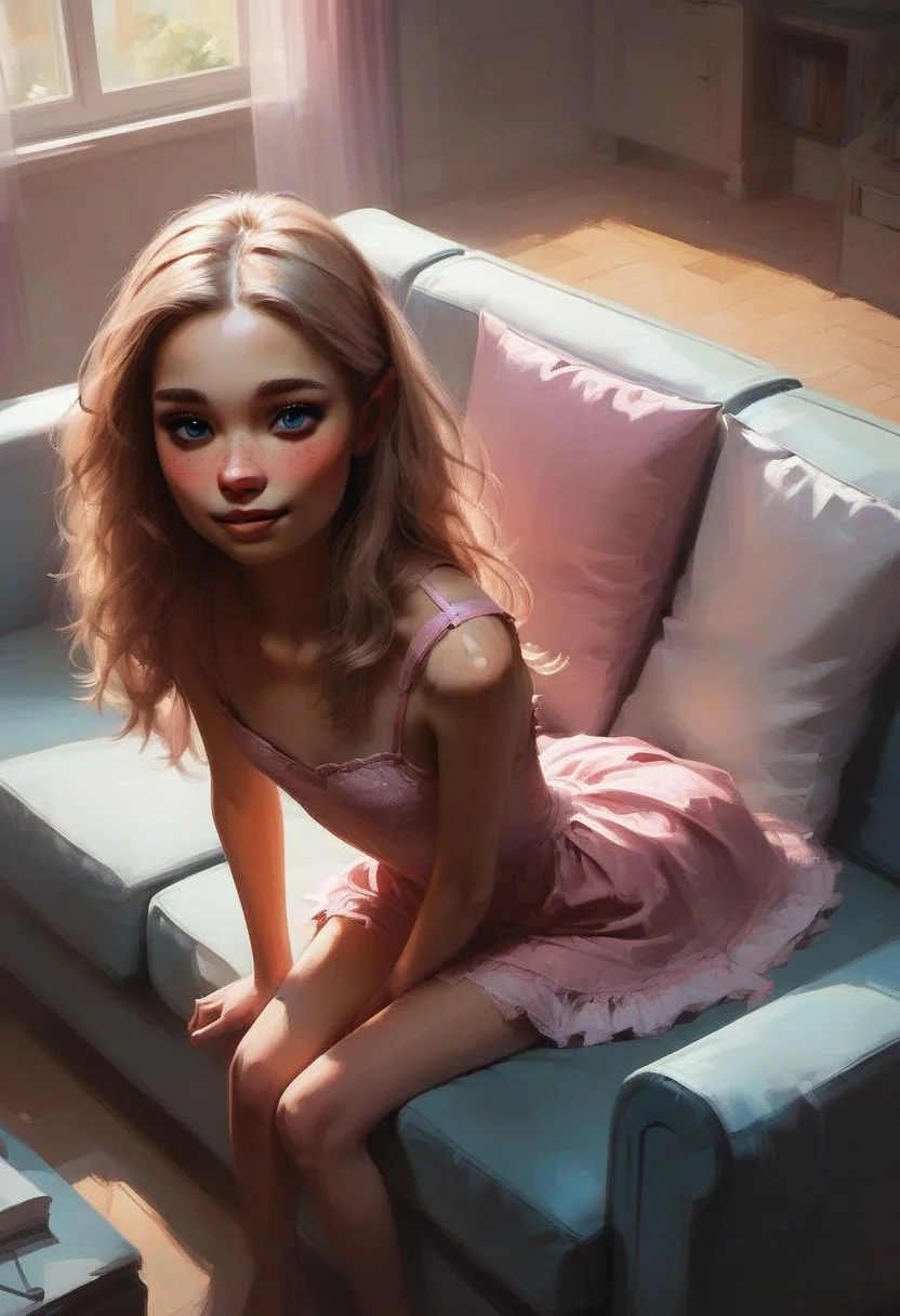 score_9, score_8_up, score_7_up, score_6_up, 1girl, long wavy light brown hair, cute, pretty, tender, freckles, ephemeral, pink summer dress, thin, skinny, slender, blush, sitting on sofa, looking at viewer, intricate details, hyperdetailed, petite girl, source_cartoon, from above, from behind