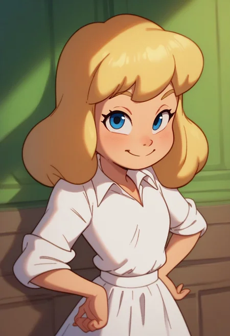 score_9, score_8_up, score_7_up, high quality, highres, Heloise Nerz, 1girl, blue eyes, bangs, white dress, white skirt, white collar shirt, medium hair, blonde hair, rolled up sleeves, flat chested, young, petite, small body, short body, child, smile, standing, looking at viewer, cute, closed mouth