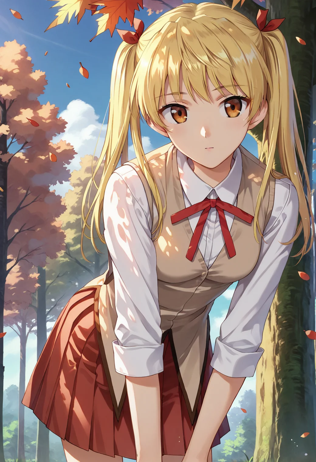 <lora:sawachika_eri_ponyxl_v8:0.8>, sawachika eri, blonde hair, twintails, solo, standing, looking at viewer,
school uniform, white shirt, brown vest, red ribbon, neck ribbon, collared shirt, red skirt, pleated skirt,
leaning forward,
outdoors, forest, falling leaves, tree, blue sky, cloudy sky,
score_9, score_8_up, score_7_up, score_6_up, anime coloring, high quality, detailed, beautiful, outstanding, countershading, detailed soft lighting