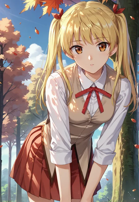 <lora:sawachika_eri_ponyxl_v8:0.8>, sawachika eri, blonde hair, twintails, solo, standing, looking at viewer,
school uniform, white shirt, brown vest, red ribbon, neck ribbon, collared shirt, red skirt, pleated skirt,
leaning forward,
outdoors, forest, falling leaves, tree, blue sky, cloudy sky,
score_9, score_8_up, score_7_up, score_6_up, anime coloring, high quality, detailed, beautiful, outstanding, countershading, detailed soft lighting