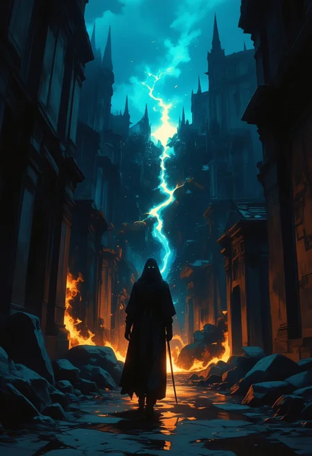 smooth and sharp, confined lines, A high-impact scene bathed in deep darkness, where intense, glowing highlights carve through the void. A lone figure strides forward, their form wrapped in shadows except for the radiant glow of their piercing eyes and the shimmering trail of energy that lingers behind them. The landscape is surreal—jagged ruins, cracked stone pathways reflecting eerie luminescence, and floating embers caught in an unseen current. Ethereal fog rolls in, catching flashes of neon blue and molten gold from unseen sources, wrapping the scene in an otherworldly glow. The composition is stark yet alive, each contrasting element pushing the tension between light and darkness to the extreme.