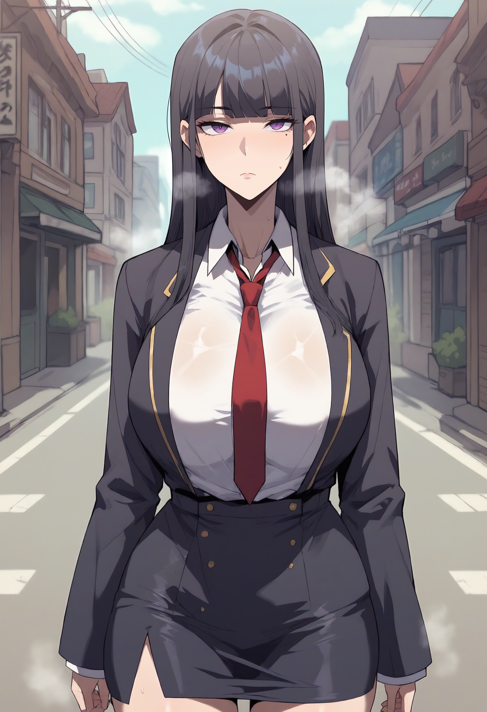 score_9, score_8_up, score_7_up, score_6_up, source_anime, rating_explicit, 1girl, solo, huge breasts, <lora:Park Ye-rim prefectPonyxl:0.8> long hair, mole under eye, black hair, blunt bangs, sidelocks, purple eyes, black jacket, red necktie, white shirt, collared shirt, long sleeves, pencil skirt, black skirt, expressionless, Narrow shoulders, heavy breathing, steaming body, street, outdoors, looking at viewer