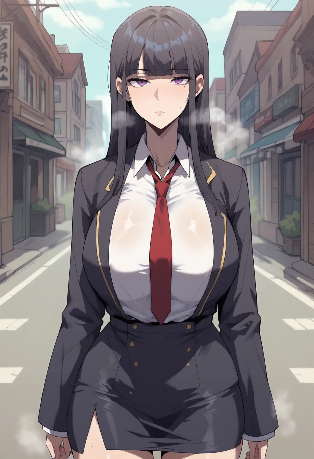 score_9, score_8_up, score_7_up, score_6_up, source_anime, rating_explicit, 1girl, solo, huge breasts, <lora:Park Ye-rim prefectPonyxl:0.8> long hair, mole under eye, black hair, blunt bangs, sidelocks, purple eyes, black jacket, red necktie, white shirt, collared shirt, long sleeves, pencil skirt, black skirt, expressionless, Narrow shoulders, heavy breathing, steaming body, street, outdoors, looking at viewer