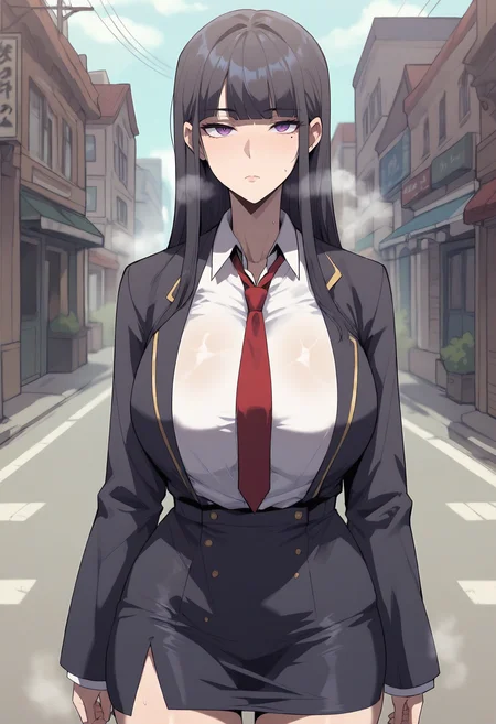 score_9, score_8_up, score_7_up, score_6_up, source_anime, rating_explicit, 1girl, solo, huge breasts, <lora:Park Ye-rim prefectPonyxl:0.8> long hair, mole under eye, black hair, blunt bangs, sidelocks, purple eyes, black jacket, red necktie, white shirt, collared shirt, long sleeves, pencil skirt, black skirt, expressionless, Narrow shoulders, heavy breathing, steaming body, street, outdoors, looking at viewer