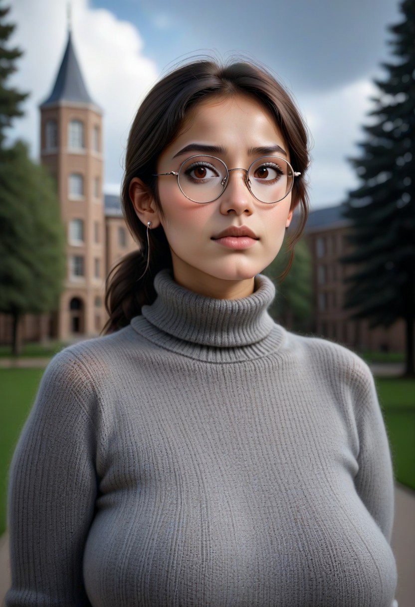 portrait of young Tia as a slim university student wearig a grey coarsely knitted sweater, small round glasses, simple small silver earrings, fully covered ample bust, brown eyes, university background, dark sky, clouds, trees, university building,Tiaris, sinfully stylish, dramatic lighting, shadows, soft light, close up, low light
